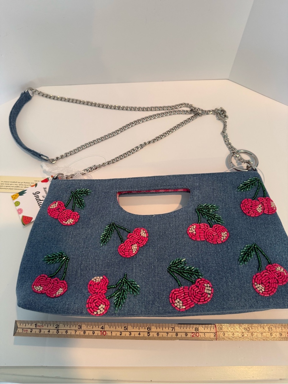 * Denim Beaded Cherry Embroidered Clutch/Crossbody Bag with Gingham Lining